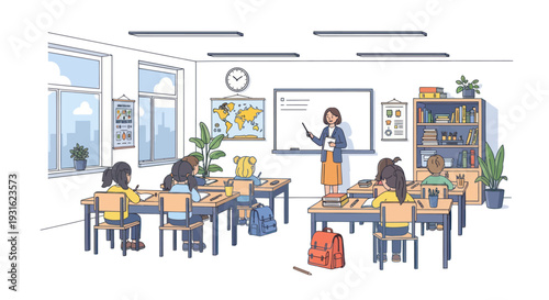 teacher standing in classroom with students sitting at desks