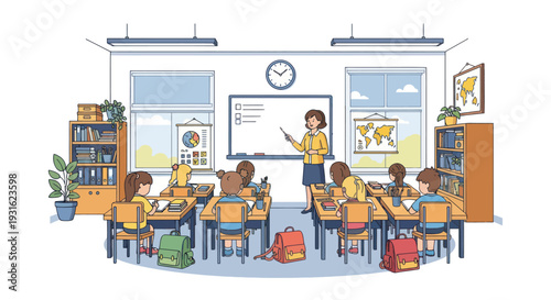 teacher standing in classroom with students sitting at desks