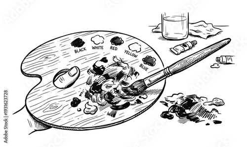 Artist palette with paint, brush, water glass, and tubes sketch style set hand drawn art supplies