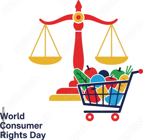 World Consumer Rights Day illustration with justice scale and shopping cart full of groceries, promoting fair trade and consumer protection