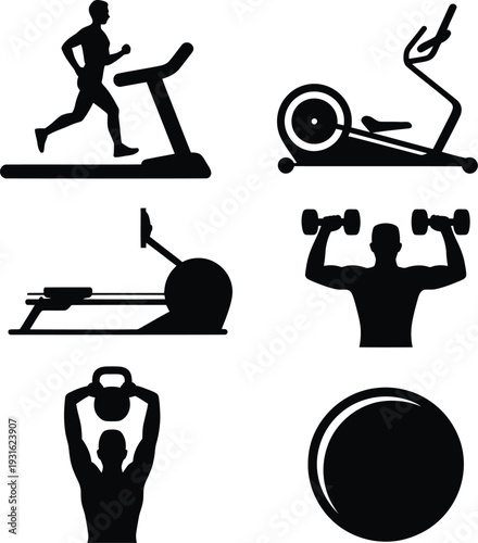 Black silhouettes of people exercising with gym equipment