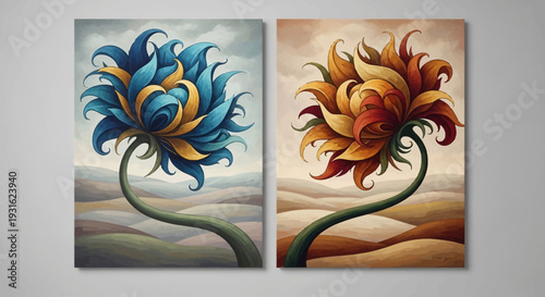 Vibrant abstract floral artwork featuring stylized flowers in contrasting colors.