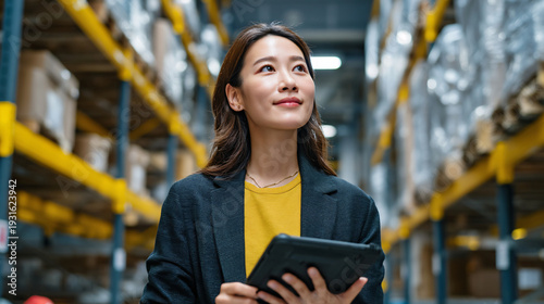 Person inspects warehouse with electronic tablet in hand.