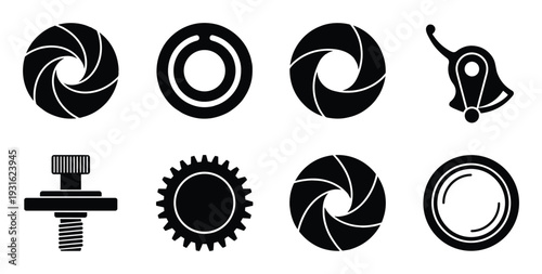 Camera lens aperture and optical iris diaphragm icons for photography and video production equipment
