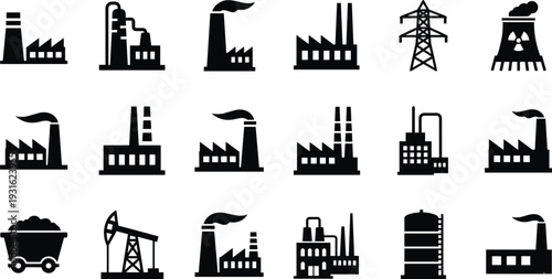 Industrial factory and power plant icon set in solid silhouette style, vector collection of manufacturing, energy production and refinery symbols isolated on white background