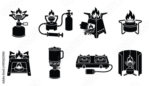 Camping gas stove icons, collection of portable burners with flames for outdoor cooking and travel