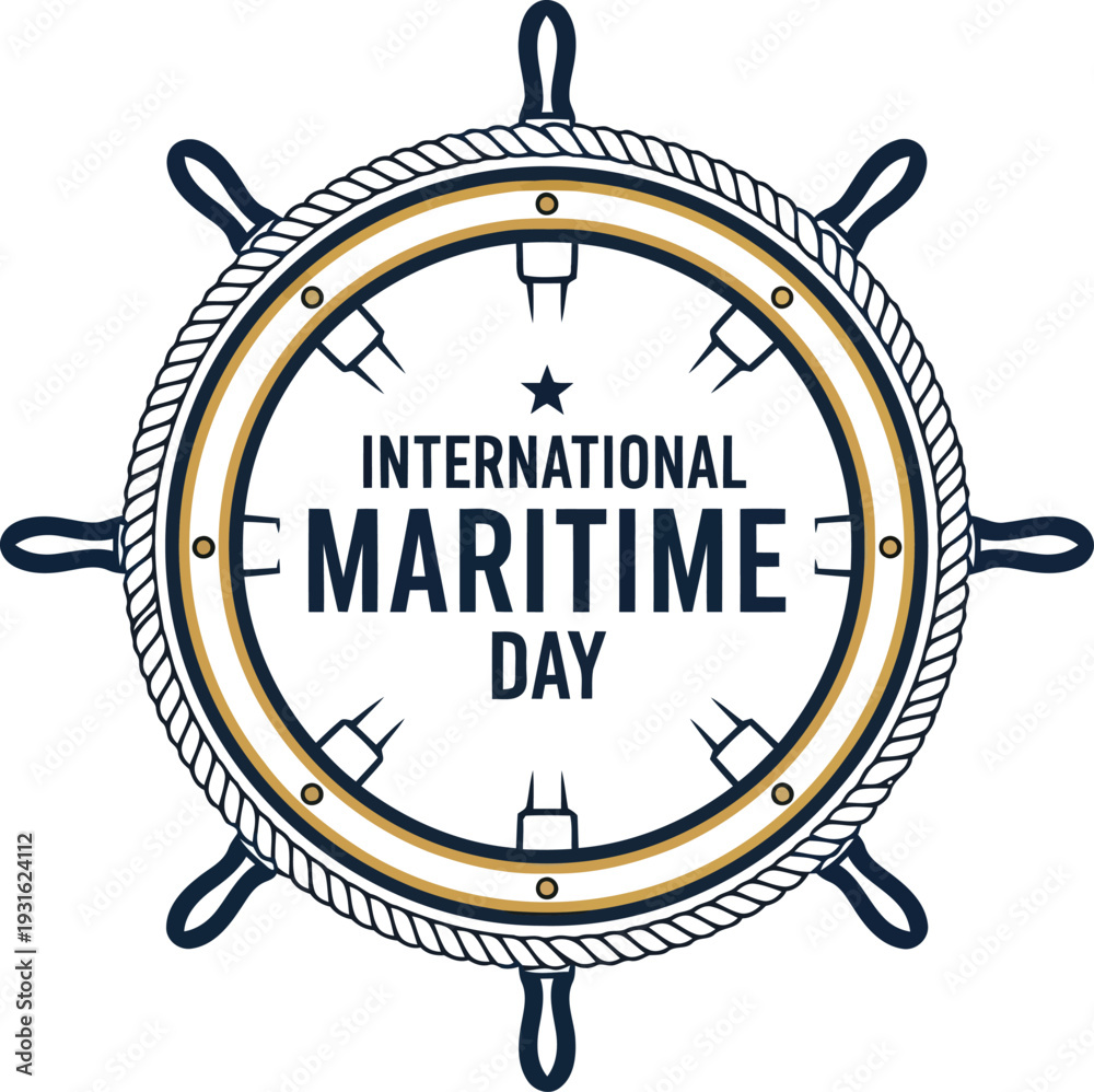 Fototapeta premium International Maritime Day emblem with nautical ship wheel and rope border vector illustration
