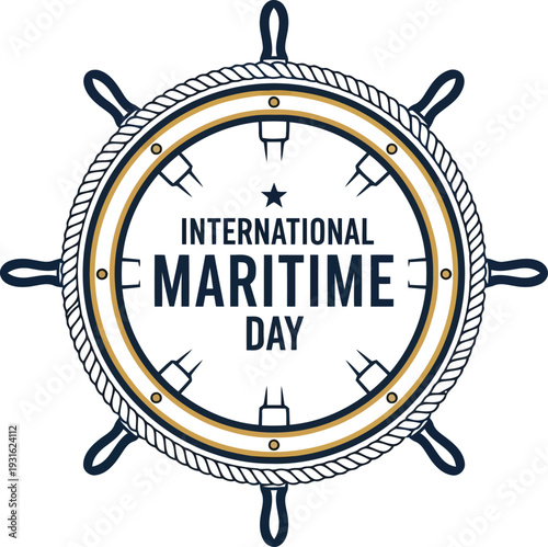 International Maritime Day emblem with nautical ship wheel and rope border vector illustration
