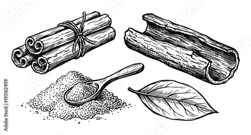 Cinnamon sticks, bark, sugar, and leaf hand drawn outline sketch set isolated on transparent