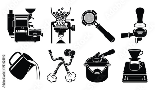 Coffee making equipment set with grinder, roaster, tamper and brewing tools