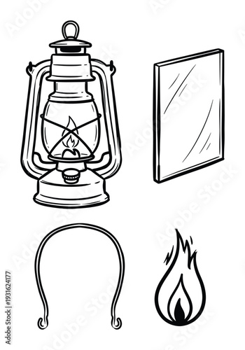 Collection of antique kerosene lamp, mirror and flame illustration