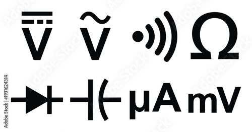 Collection of six electrical and electronic circuit symbols in black, representing common measurements and components