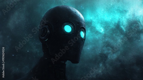 Sleek obsidian humanoid robot head with glowing cyan eyes in a cosmic nebula