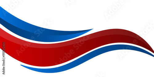 Abstract wave banner with layered red and blue curved ribbons creating dynamic motion on a clean white background, suitable for corporate branding and modern layouts