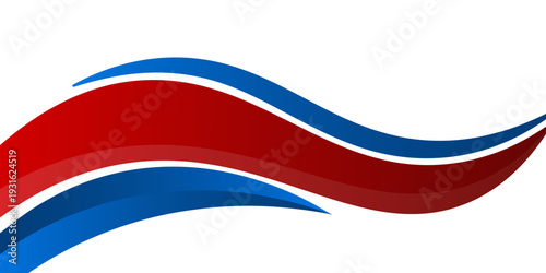 Abstract wave banner with layered red and blue curved ribbons creating dynamic motion on a clean white background, suitable for corporate branding and modern layouts