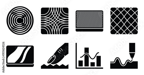 Geometric abstract texture collection featuring wavy lines and crosshatch patterns for surface topography analysis