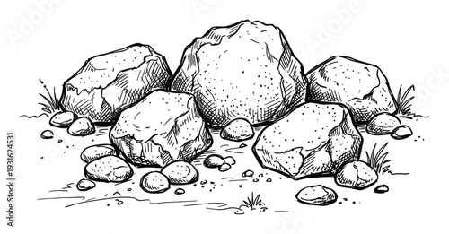 Group of natural rocks and small stones with grass tufts on transparent background