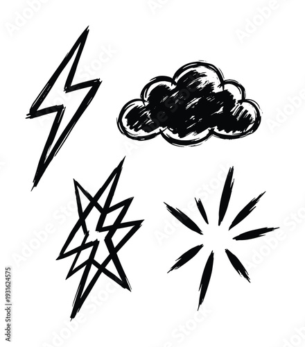 Hand drawn lightning bolt cloud and star burst icons in black marker style