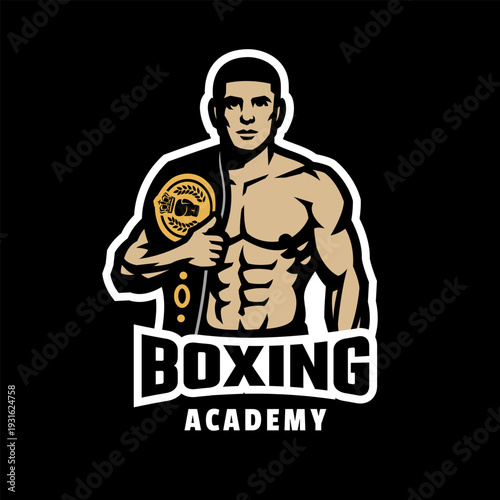 A boxer with a championship belt on dark background.