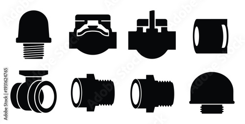 Industrial plumbing pipe fitting icons set black silhouettes for construction