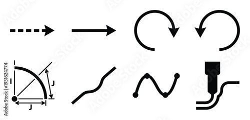 Industrial technical measurement and motion path arrow icons set