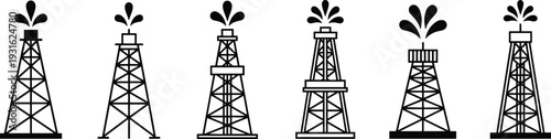 Collection of oil drilling rig and petroleum derrick icons in black silhouette style, energy industry extraction symbols isolated on white background vector set