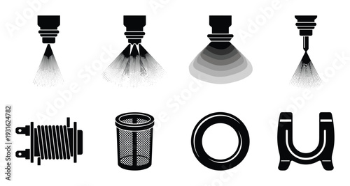 Industrial spray nozzle and mechanical hardware icons black vector collection