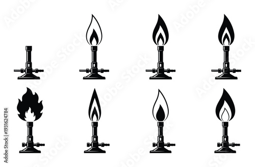 Laboratory bunsen burner flame types and adjustment silhouettes for scientific experiments