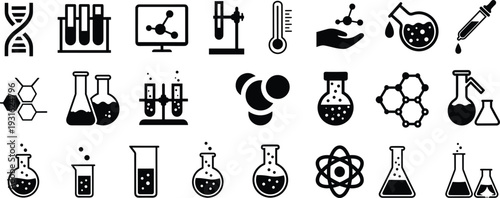 Collection of science laboratory and chemistry icons featuring test tubes, flasks, DNA helix and molecular symbols isolated on white background vector illustration set