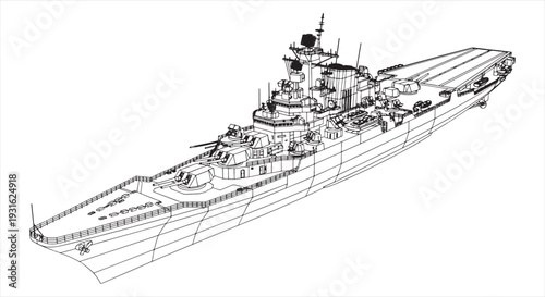 Warship Blueprint – Naval Defense Engineering CAD Technical Drawing and Wireframe Model