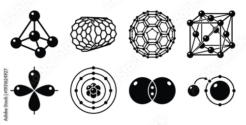 Molecules and atoms vector set, scientific symbols of chemical structures