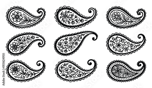 Nine paisley motifs with floral and decorative elements