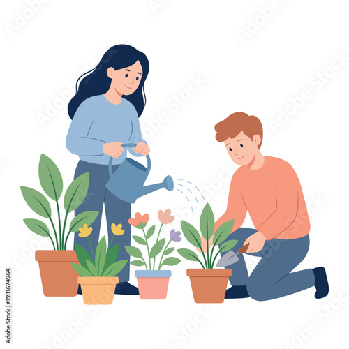 Couple gardening together. Vector illustration of planting and watering flowers. Home hobby, eco lifestyle and spring gardening concept.