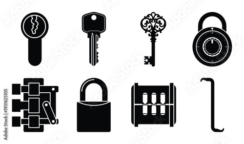 Security devices including various lock types, keys, and lockpicking tools