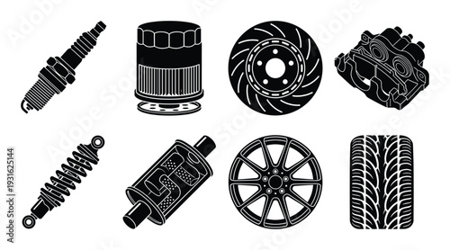 Set of black car parts flat style icon collection including spark plug, oil filter, disc brake, and tire