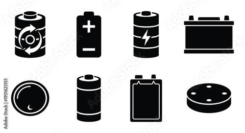 Set of black battery icons showing different types and symbols for power and energy storage devices