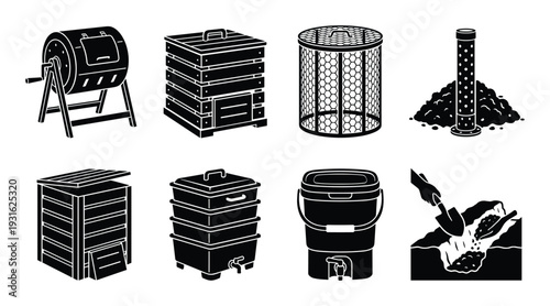 Set of eight composting bins and worm farms in black silhouettes on transparent background