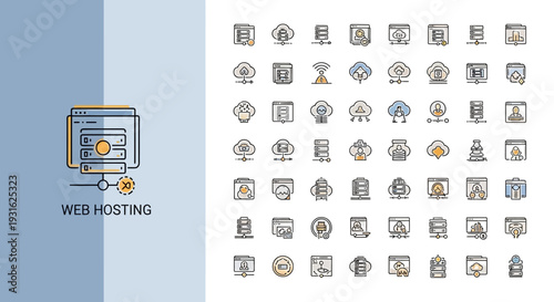 Web Hosting Interface Concept and Cloud Services Line Icons Set on Two-Tone Background.