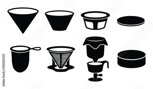 Set of eight coffee filters and parts for brewing in black silhouettes on transparent background