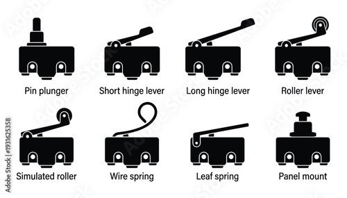 Set of eight micro switch types showing different actuator levers and mounting options in silhouette