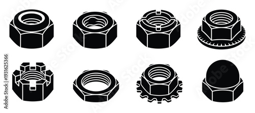 Set of eight different black nuts isolated on transparent background, isometric view, industrial fastener elements