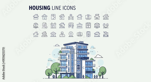 Modern Apartment Building Illustration and Housing Line Icons Set in Bright Studio Background, Real Estate Concept.