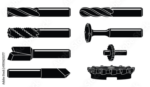 Set of eight milling tools and bits used in industrial machining processes, depicted in black silhouette