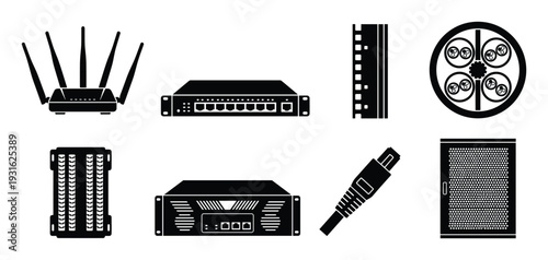 Set of eight network devices and components for data communication and internet infrastructure in black silhouette