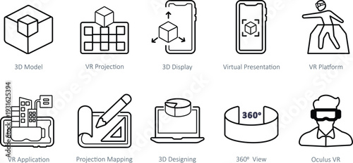 Clean minimalist thin-line icon set for immersive technologies, featuring VR headsets, 3D modeling tools, projection mapping, and spatial computing concepts.