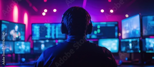 Gamer plays in a neon-lit room