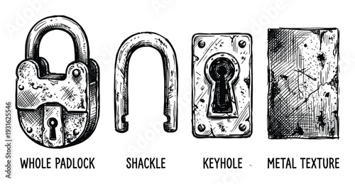 Set of old padlocks shackles and keyhole with distressed metal texture elements