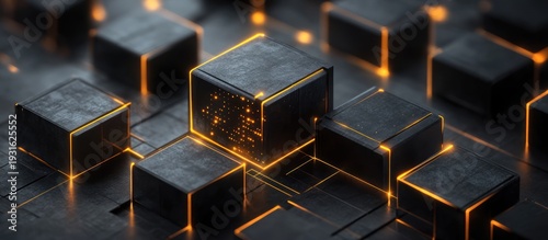 Glowing cubes, data network, abstract background, tech concept