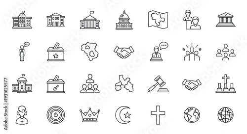 A comprehensive collection of outline icons representing government, legal systems, civic engagement, and community concepts, presented on an isolated white background.