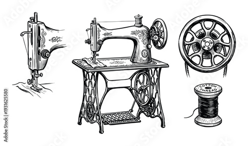 Sewing machine details and cotton thread spool sketch style set isolated on transparent background hand drawn